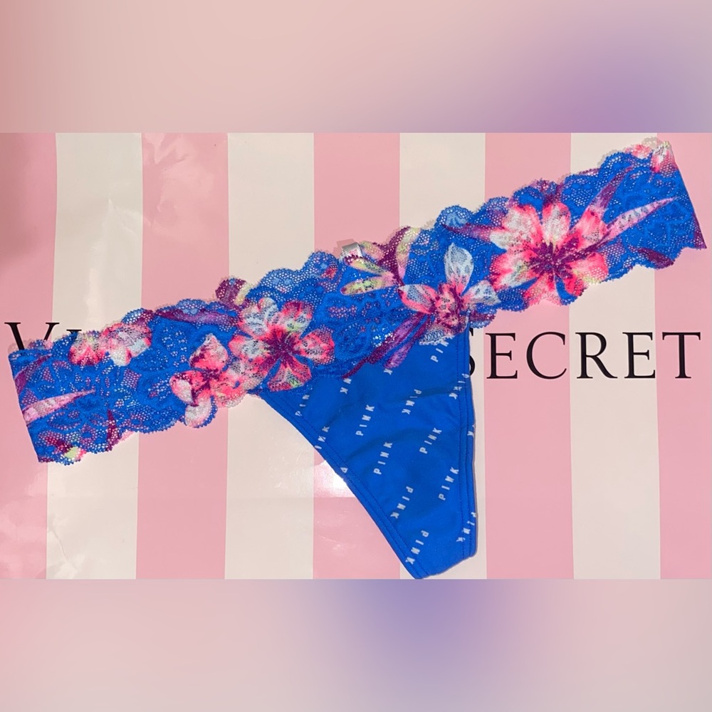 Victoria’s Secret PINK Floral Lace Thong Panty VS PINK lace panties pink logo